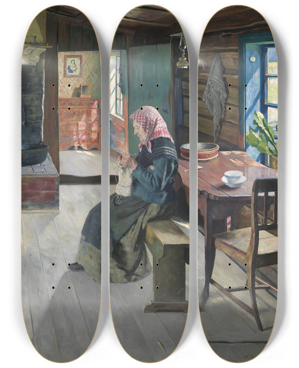 Triptych art skateboard deck of Gustav Wentzel The Retired Farmers by Gustav Wentzel (1859-1927)