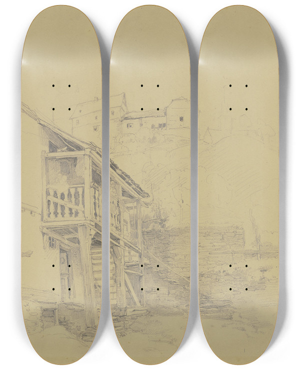 Triptych art skateboard deck of Jakob Frchtegott Dielmann Hohenstein by Jakob Furchtegott Dielmann (1809-1885)