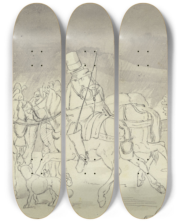 Triptych art skateboard deck of Ernst Schalck Postkutscher Mit Vier Pferden by Ernst Schalck (1827-1865)