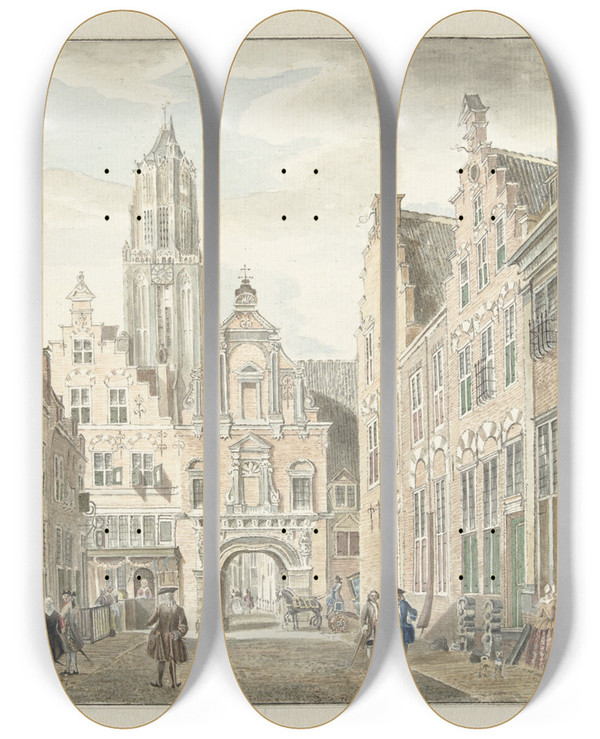 Triptych art skateboard deck of Johanna De Bruyn Nieuwstraat In Utrecht Met Gezicht Op De Domtoren After Jan De Beijer by Johanna de Bruyn (18-)