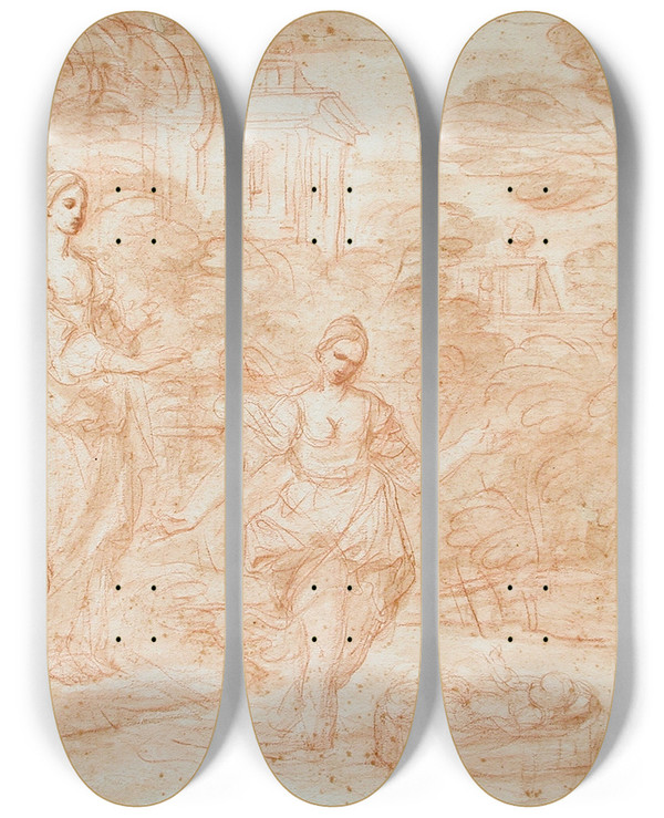 Triptych art skateboard deck of Antonio Gionima The Finding Of Moses by Antonio Gionima (1697-1732)