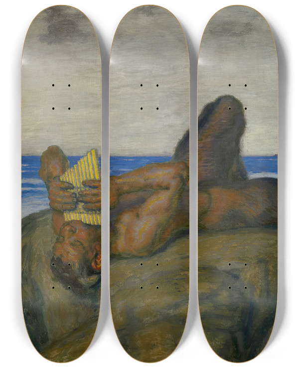 Triptych art skateboard deck of Franz Von Stuck Blowing Faun by Franz Von Stuck (1863-1928)