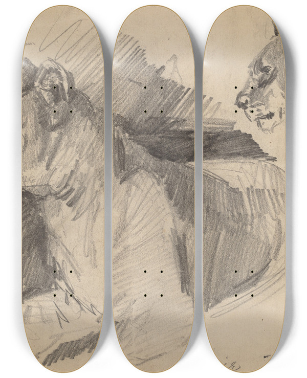 Triptych art skateboard deck of Arthur Bowen Davies Josie by Arthur Bowen Davies (1862-1928)