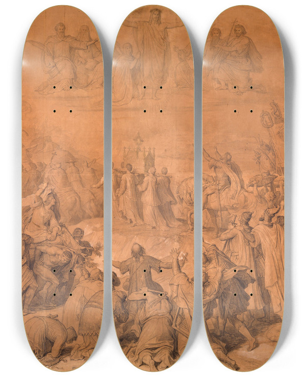 Triptych art skateboard deck of Wilhelm Von Kaulbach The Crusaders by Wilhelm von Kaulbach (1805-1874)