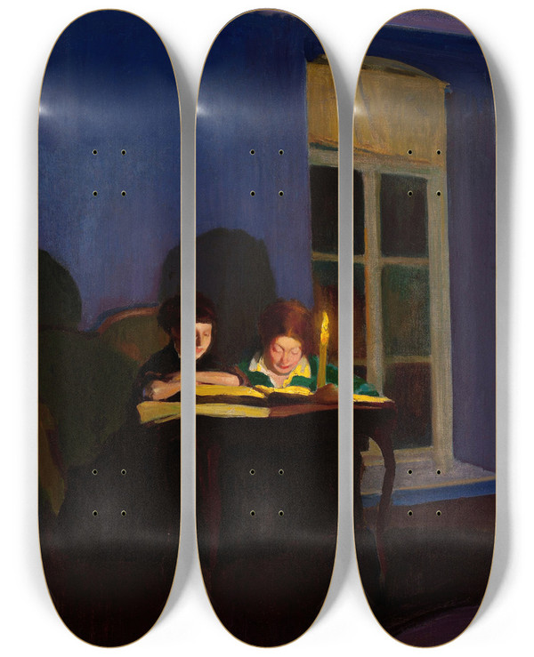 Triptych art skateboard deck of Konrad Krzyanowski By Candlelight by Konrad Krzyzanowski (1872-1922)