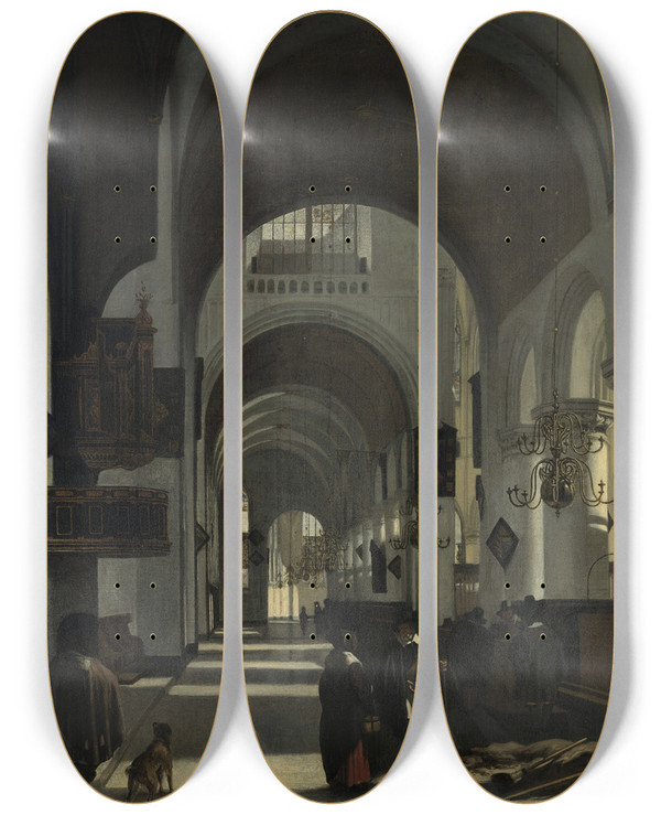 Triptych art skateboard deck of Emanuel De Witte Interior Of A Church_3 by Emanuel de Witte (1617-1692)