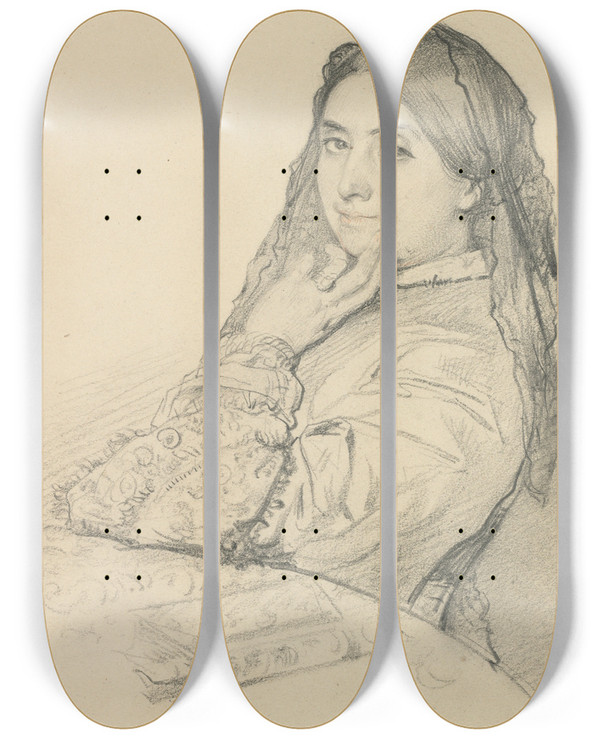 Triptych art skateboard deck of Henri Lehmann Portrait Of His Mother by Henri Lehmann (1814-1882)