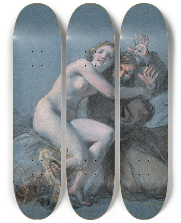 Triptych art skateboard deck of Julien Lopold Boilly The Temptation Of St Anthony by Julien Leopold Boilly (1796-1874)