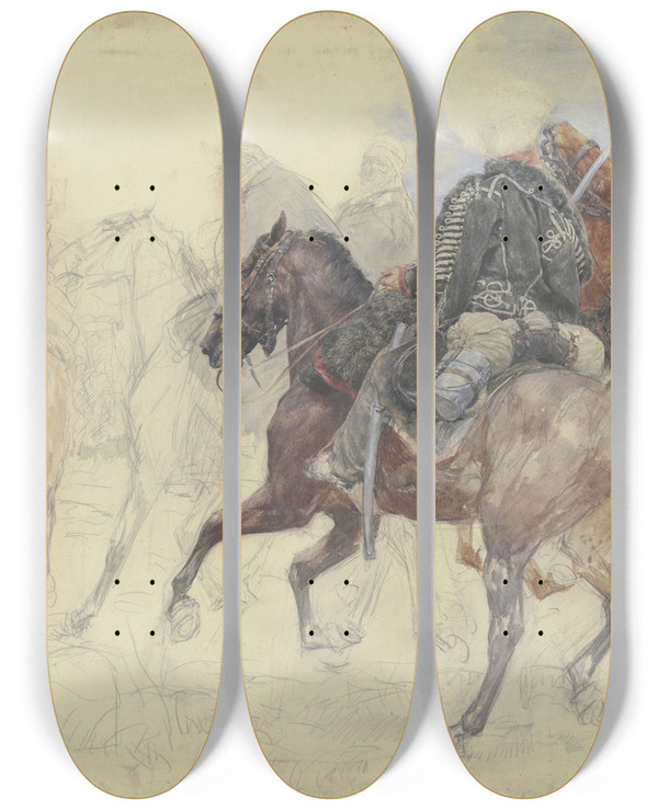 Triptych art skateboard deck of Wilhelm Altheim Five Hussars On Horseback by Wilhelm Altheim (1871-1914)