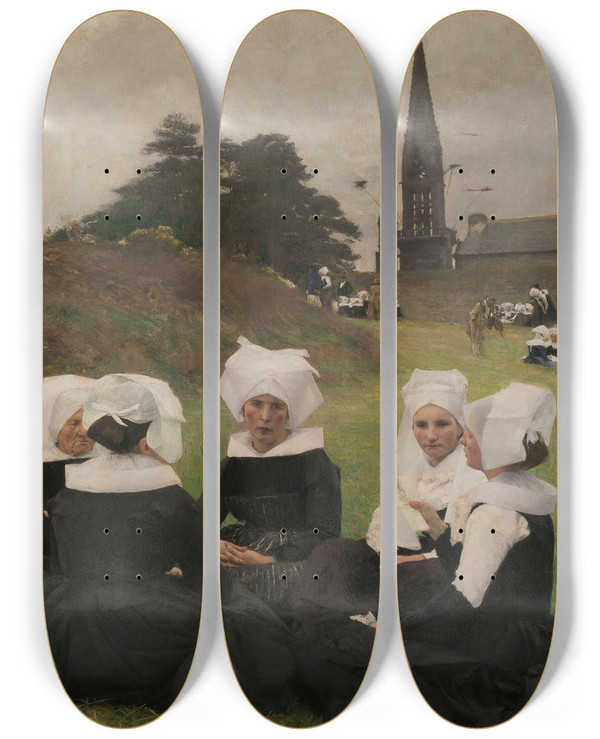 Triptych art skateboard deck of Pascaladolphejean Dagnanbouveret Breton Women At A Pardon by Pascal-Adolphe-Jean Dagnan-Bouveret (1852-1929)