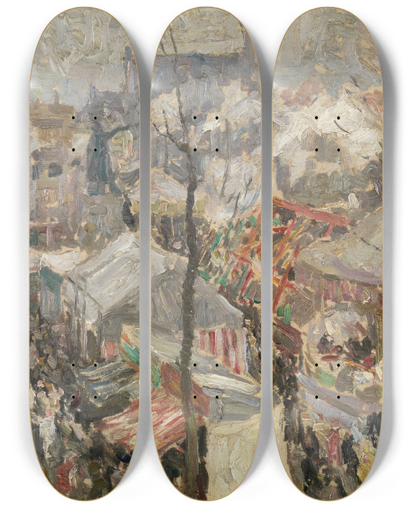 Triptych art skateboard deck of Gustave De Smet Fair At Vrijdagmarkt In Ghent by Gustave De Smet (1877-1943)