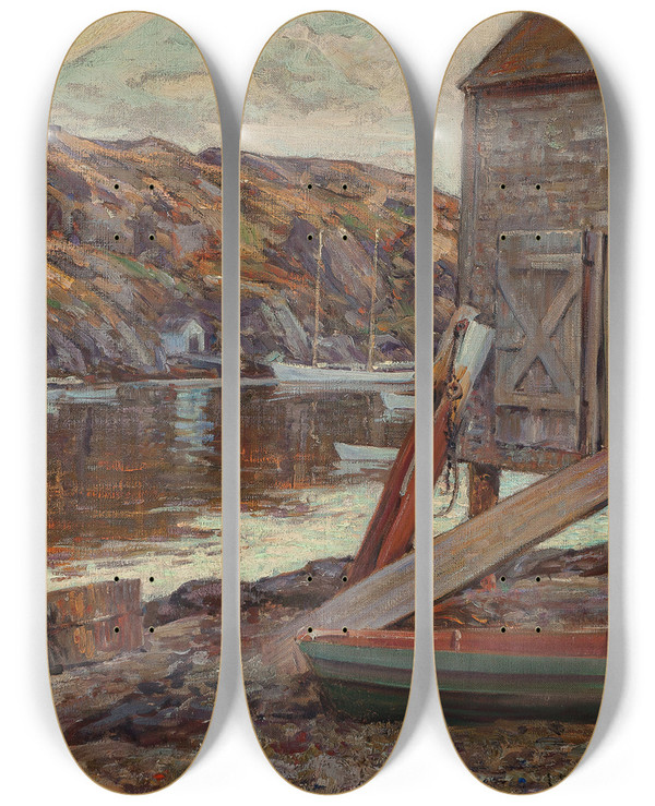 Triptych art skateboard deck of Wilson Henry Irvine Boat Shed by Wilson Henry Irvine (1869-1936)