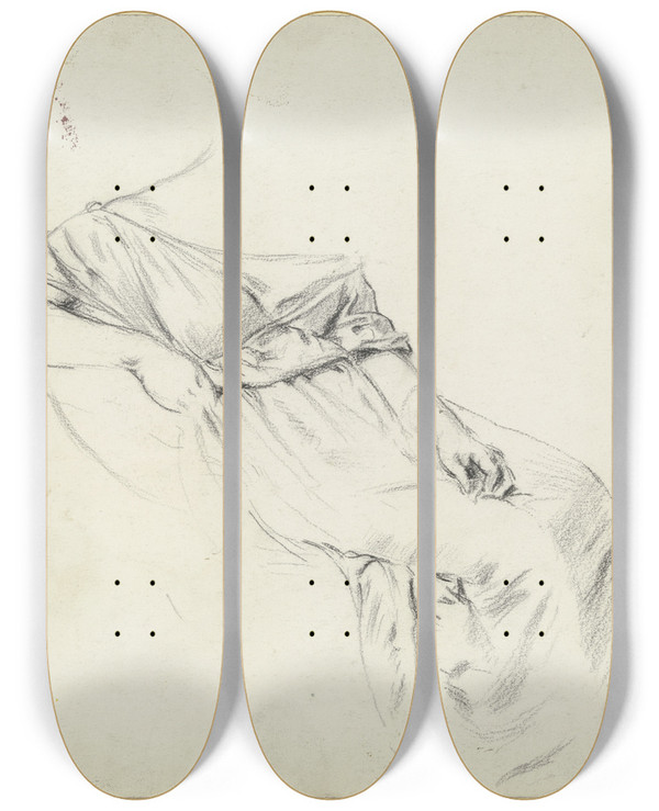 Triptych art skateboard deck of Otto Scholderer Gewand Der Sitzenden Aus Der Vorbereitung Zum Kostmball by Otto Scholderer (1834-1902)