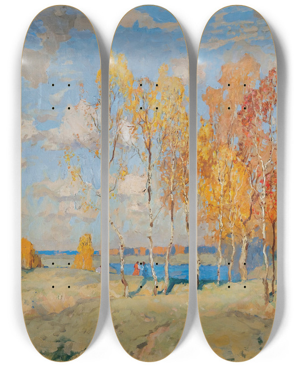 Triptych art skateboard deck of Konstantin Ivanovich Gorbatov Autumn Landscape by Konstantin Ivanovich Gorbatov (1876-1945)