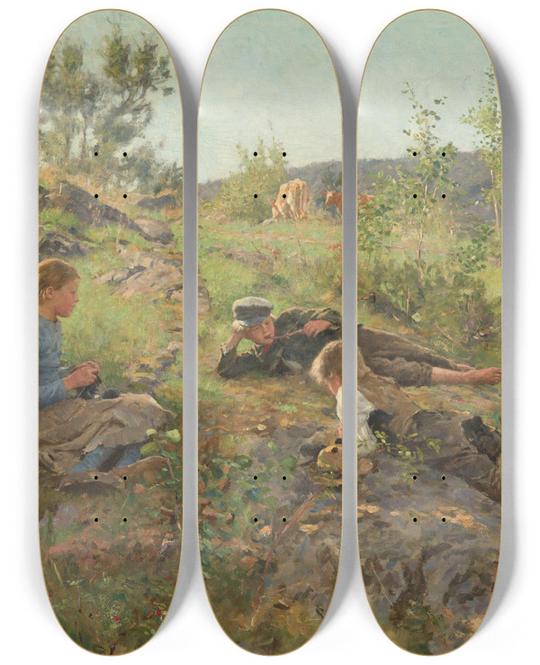 Triptych art skateboard deck of Erik Werenskiold Herders At Tty by Erik Werenskiold (1855-1938)