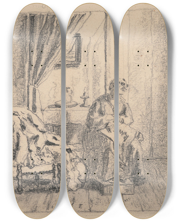 Triptych art skateboard deck of Henri De Braekeleer The Seamstress by Henri de Braekeleer (1840-1888)