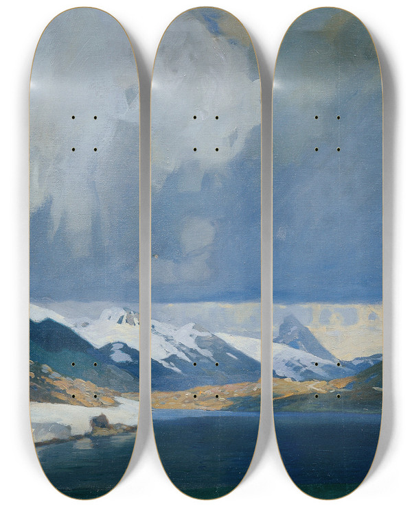 Triptych art skateboard deck of Alfred Poell Bernina Gewitter by Alfred Poell (1867-1929)