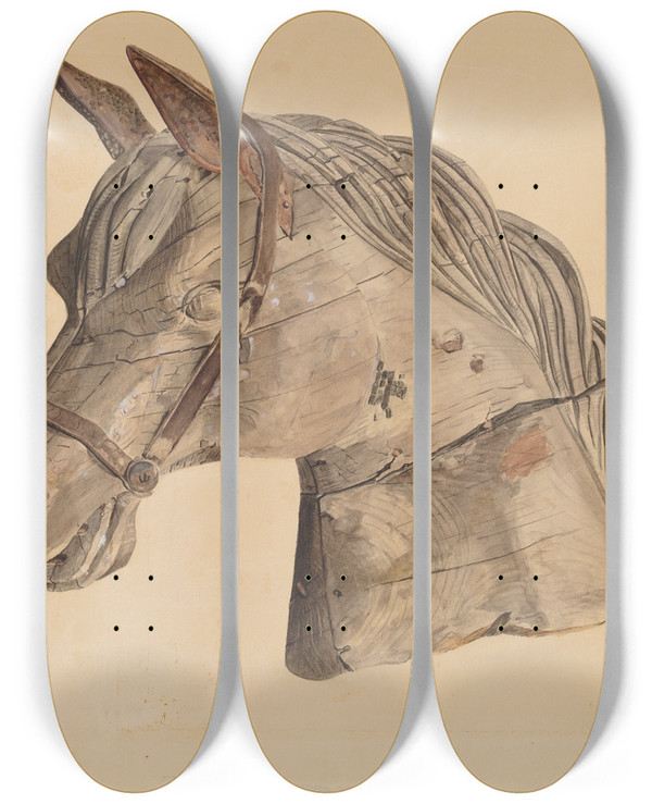 Triptych art skateboard deck of Gerard Barnett Carousel Horses Head by Gerard Barnett