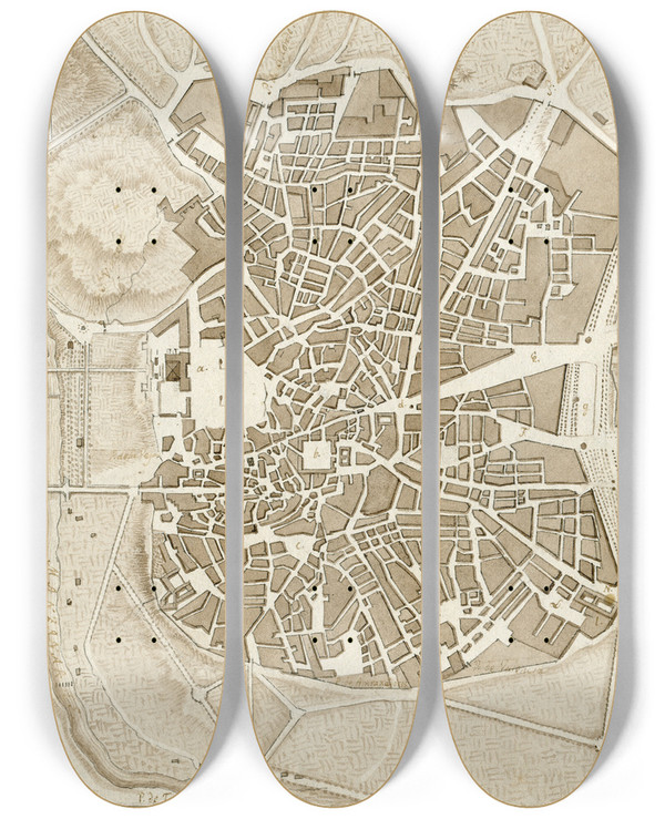 Triptych art skateboard deck of Otto Howen Plattegrond Van Madrid by Otto Howen (1774-1848)