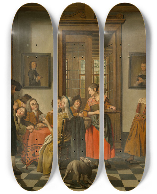 Triptych art skateboard deck of Jan Josef Horemans The Younger Card Game by Jan Josef Horemans The Younger (1714-1792)