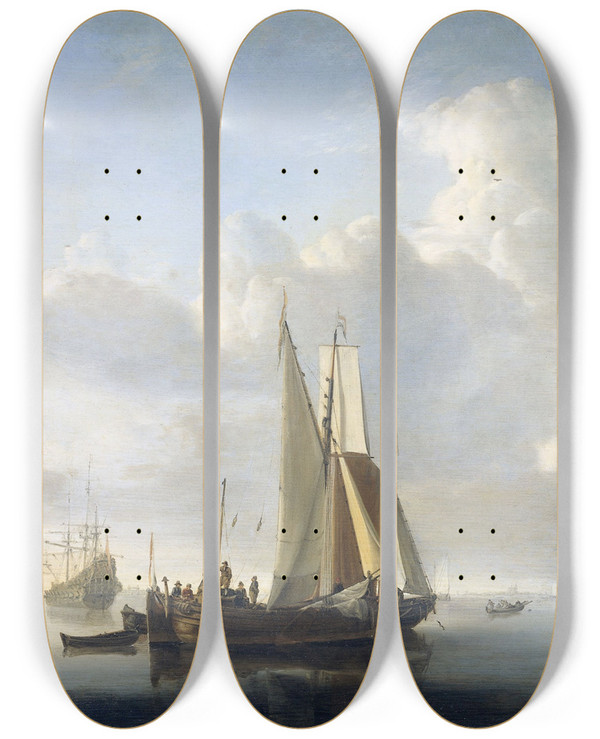 Triptych art skateboard deck of Willem Van De Velde The Younger Ships Before The Coast by Willem van de Velde the Younger (1633-1707)
