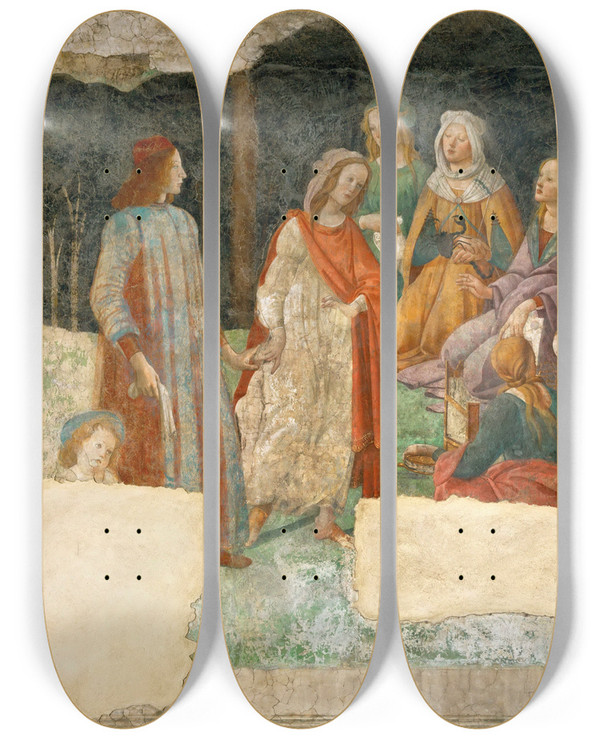 Triptych art skateboard deck of Sandro Botticelli Young Man Before The Seven Liberal Arts by Sandro Botticelli (1444-1510)