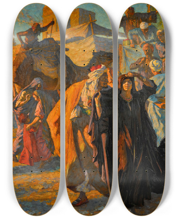 Triptych art skateboard deck of Ludwig Deutsch A Street Celebration In Cairo by Ludwig Deutsch (1855-1935)
