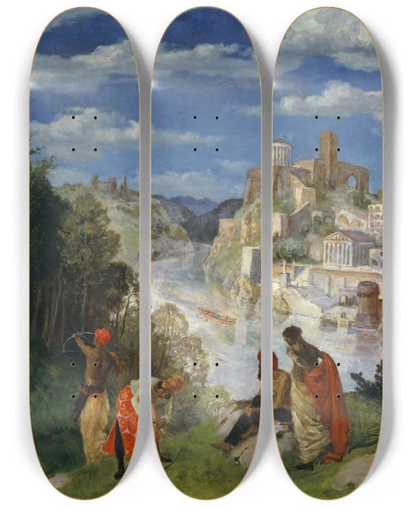 Triptych art skateboard deck of Albert Welti Landscape With The Martyrdom Of Saint Sebastian by Albert Welti (1862-1912)