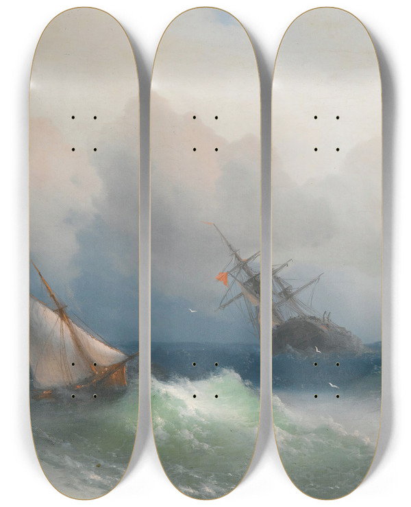 Triptych art skateboard deck of Ivan Konstantinovich Aivazovsky Two Ships At Sea by Ivan Konstantinovich Aivazovsky (1817-1900)