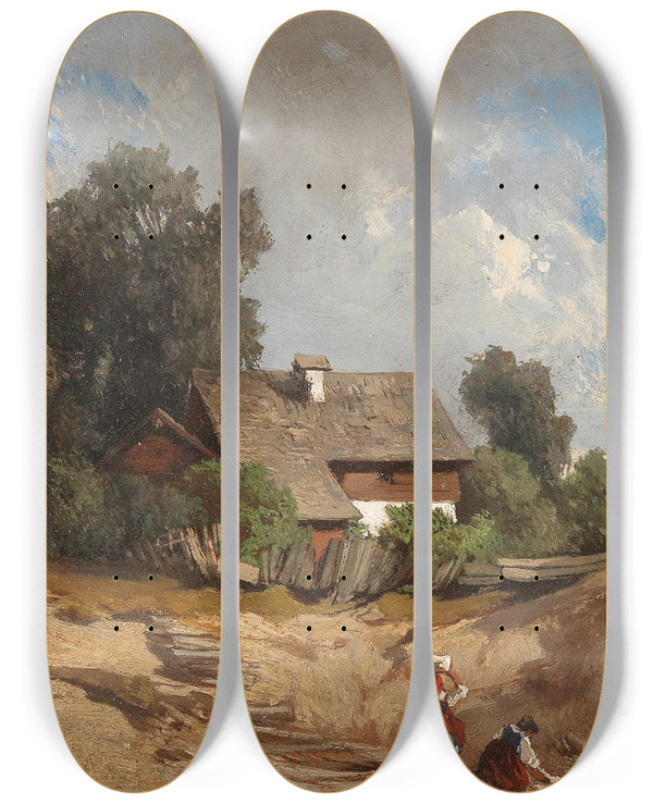Triptych art skateboard deck of August Schaeffer Von Wienwald Washerwomen By The River by August Schaeffer Von Wienwald (1833-1916)