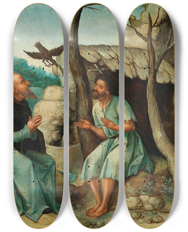Triptych art skateboard deck of Dutch School Saint Paul The Hermit And Saint Anthony Abbot Fed By A Raven by Dutch School