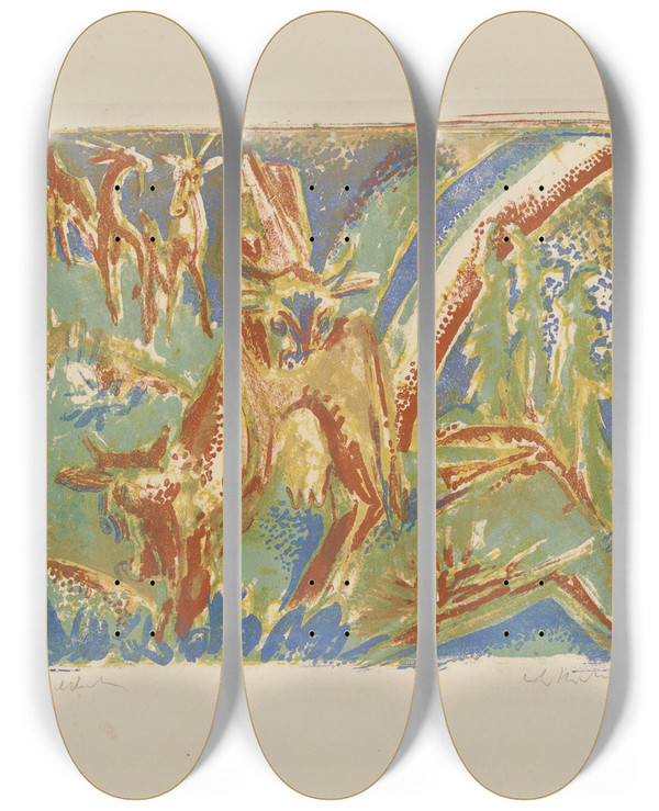 Triptych art skateboard deck of Ernst Ludwig Kirchner Sieben Khe Und Regenbogen by Ernst Ludwig Kirchner (1880-1938)