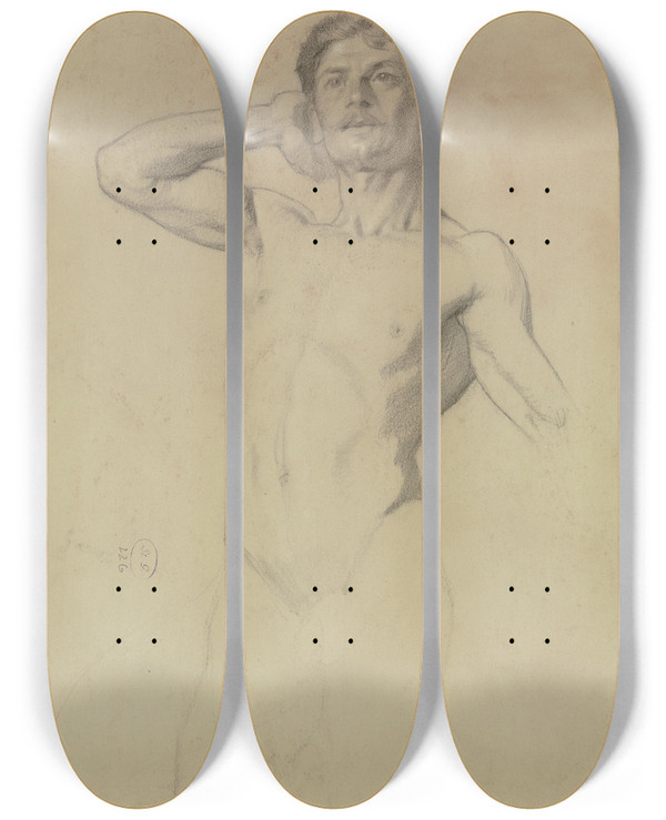 Triptych art skateboard deck of Alois Penz Nude Of A Young Man by Alois Penz (1853-1910)