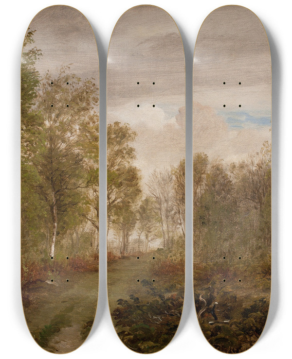 Triptych art skateboard deck of P C Skovgaard Birketrer P Ls Efter Regn by P C Skovgaard (1817-1875)