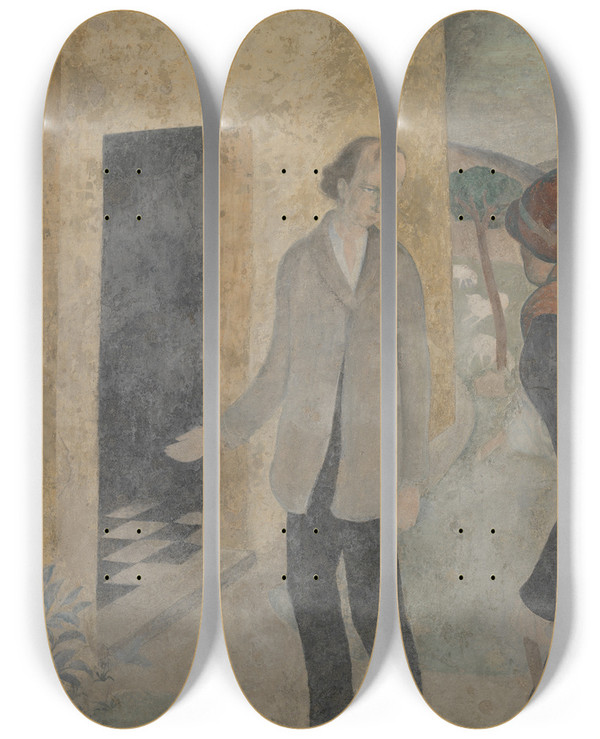 Triptych art skateboard deck of Gustave Van De Woestijne Hospitality For Foreigners by Gustave Van De Woestijne (1881-1947)