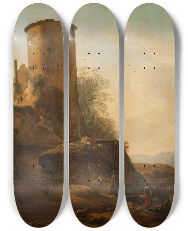 Triptych art skateboard deck of Adam Pynacker Italian Mountain Landscape With Castle Ruins Animals And Figures by Adam Pynacker (1615-1673)