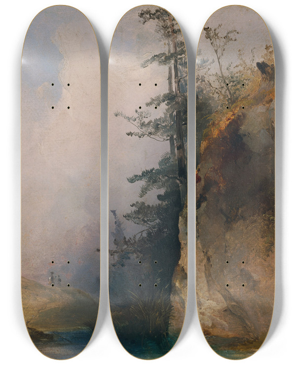 Triptych art skateboard deck of Ludwig Czerny Felsabhang Am Bach by Ludwig Czerny (1821-1889)