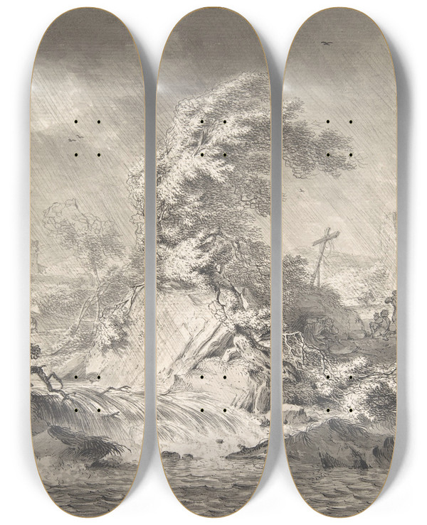 Triptych art skateboard deck of Hendrik Meijer Stormy Landscape by Hendrik Meijer (1744-1793)