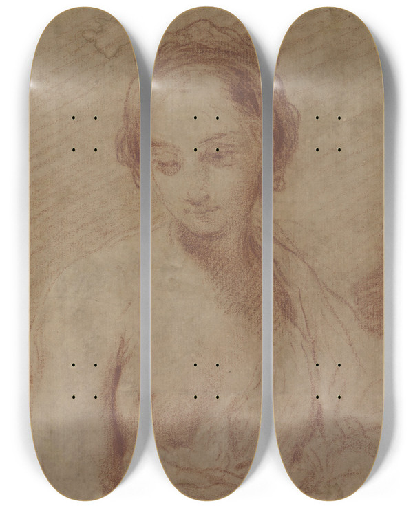 Triptych art skateboard deck of Giuseppe Maria Crespi Female Nude by Giuseppe Maria Crespi (1665-1747)