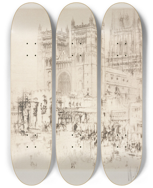 Triptych art skateboard deck of William Walcot Durham Cathedral by William Walcot (1874-1943)