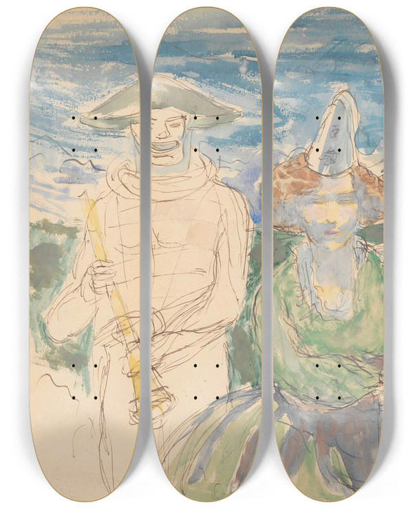 Triptych art skateboard deck of Zygmunt Waliszewski Pierotka And Harlequin by Zygmunt Waliszewski (1897-1936)