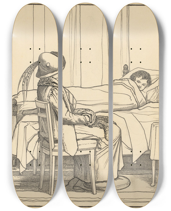 Triptych art skateboard deck of Willem Pothast Vrouw Op Ziekenbezoek by Willem Pothast (1877-1916)