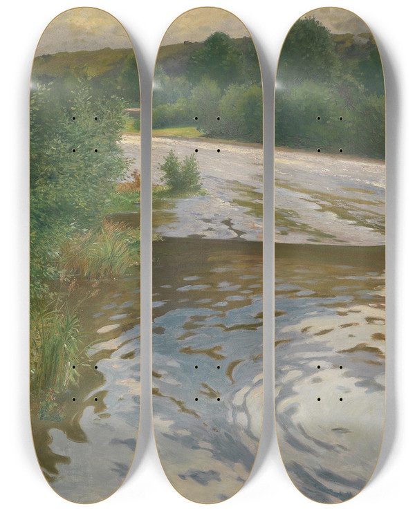 Triptych art skateboard deck of Adolf Kaufmann Flusslandschaft by Adolf Kaufmann (1848-1916)