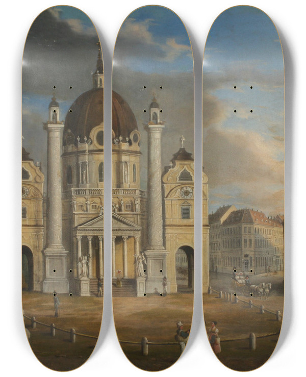 Triptych art skateboard deck of Franz Alt Blick Auf Die Karlskirche by Franz Alt (1821-1914)