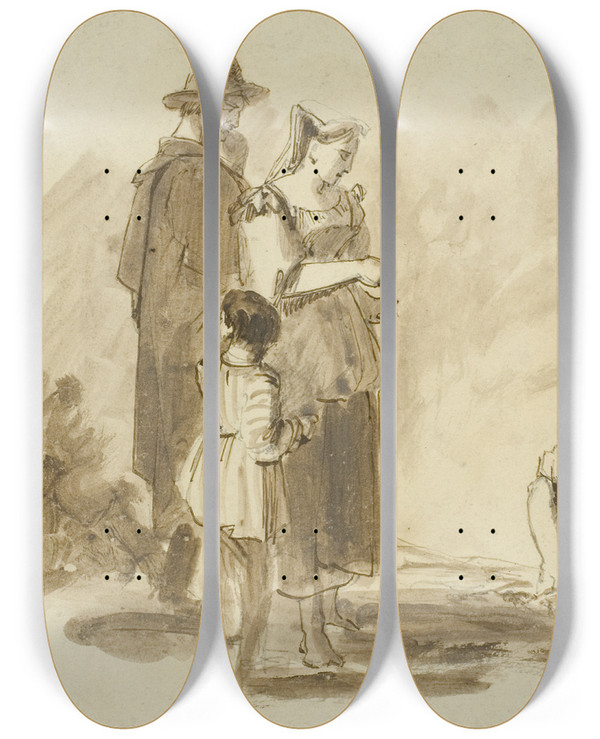 Triptych art skateboard deck of Sir Augustus Wall Callcott Four Peasants by Sir Augustus Wall Callcott (1779-1844)