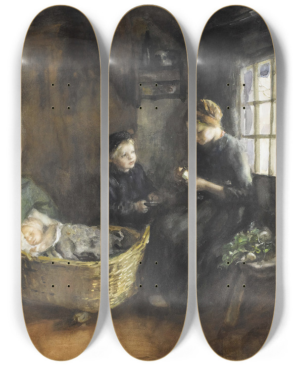 Triptych art skateboard deck of Albert Neuhuys Peeling Turnips by Albert Neuhuys (1844-1914)