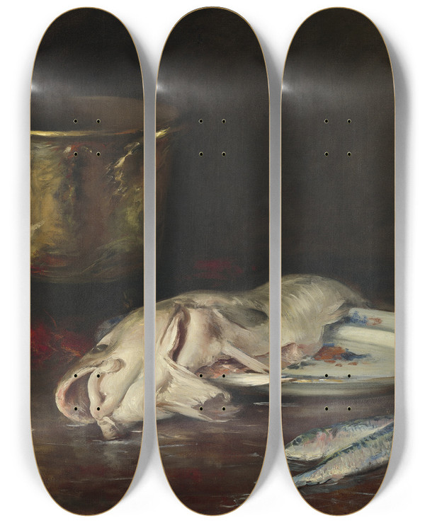 Triptych art skateboard deck of William Merritt Chase An English Cod by William Merritt Chase (1849-1916)
