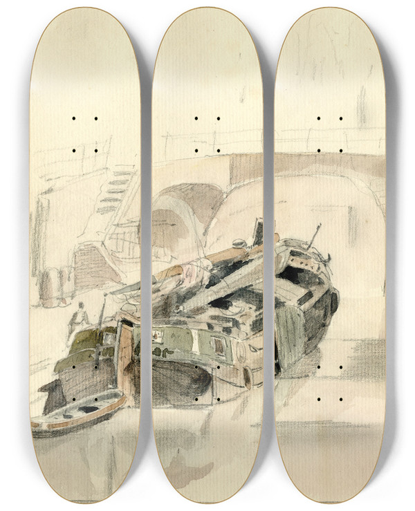 Triptych art skateboard deck of Pieter Van Loon Binnenvaartschip Aan De Kade Bij Een Brug Utrecht by Pieter Van Loon (1801-1873)