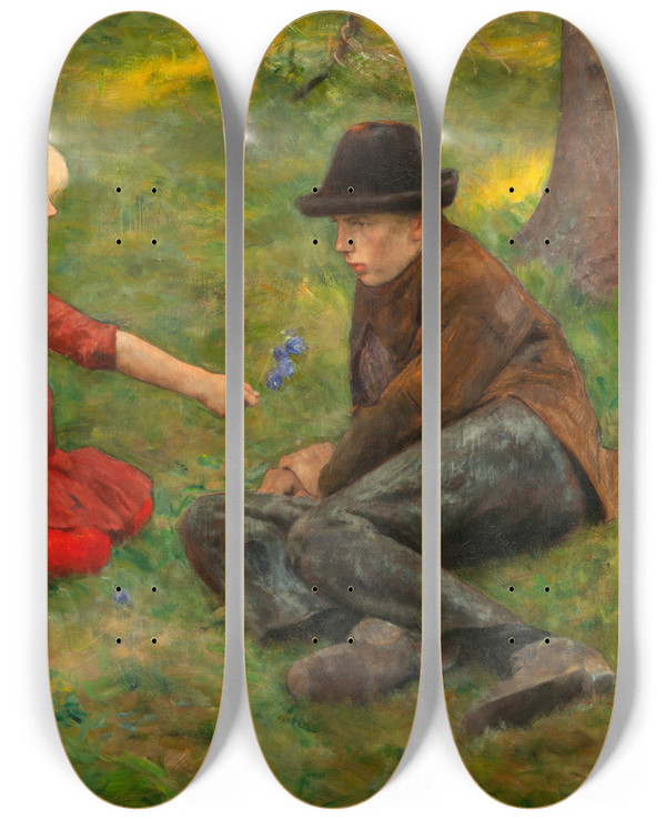 Triptych art skateboard deck of Erik Werenskiold Ray Of Sunlight by Erik Werenskiold (1855-1938)