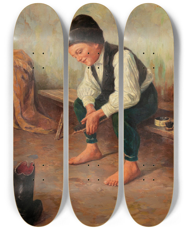 Triptych art skateboard deck of Gza Peske The Shoe Cleaner by Geza Peske (1859-1934)